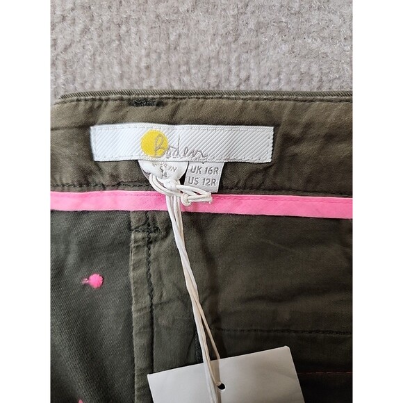 Boden Chino Straight Leg Pants Womens US 12 Green Pink Polka Dots Stretch NEW - Picture 6 of 8